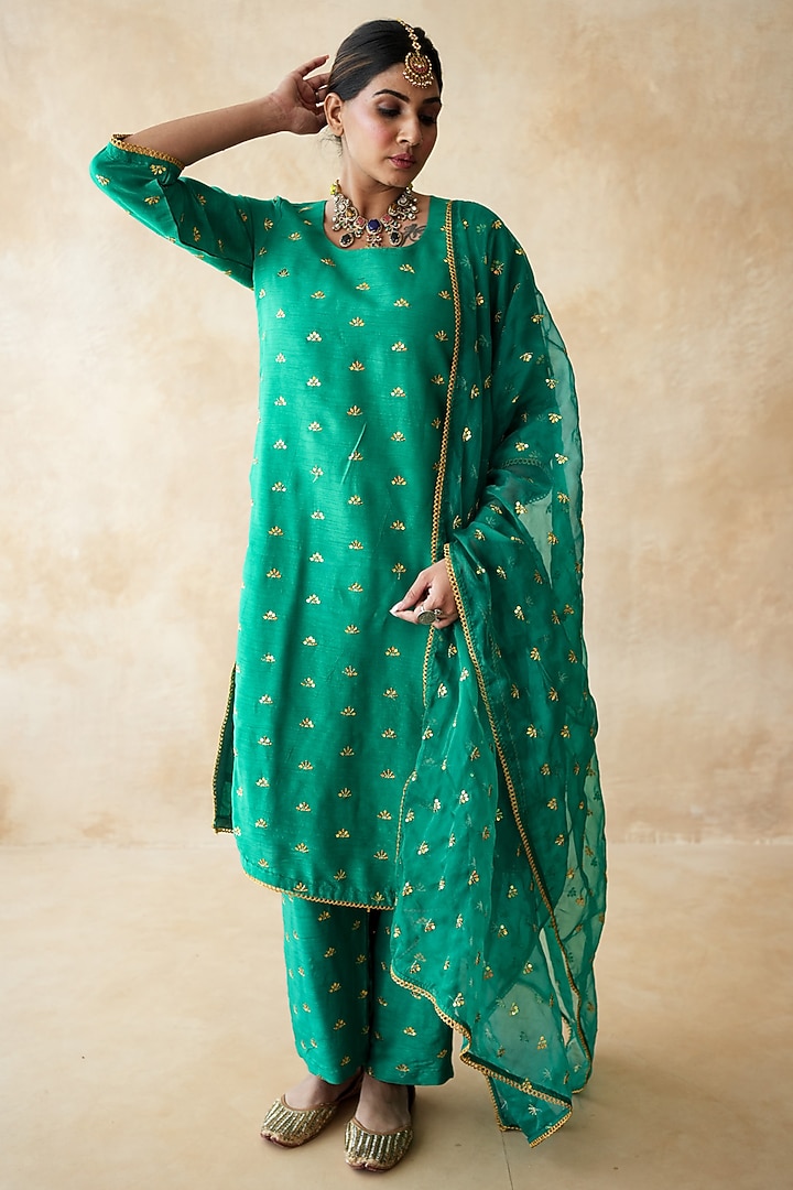 Green Chanderi Aari Embroidered Kurta Set by GulaboJaipur by Saloni Panwar at Pernia's Pop Up Shop
