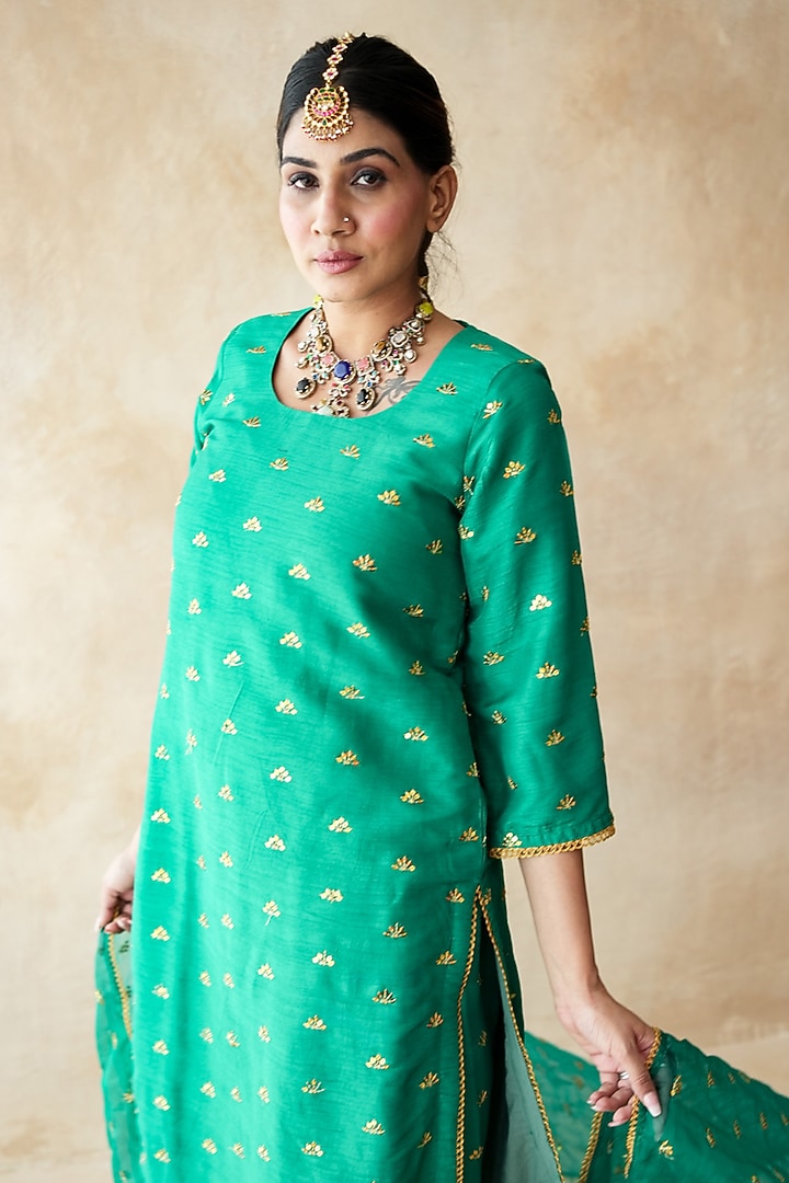 Green Chanderi Aari Embroidered Kurta Set by GulaboJaipur by Saloni Panwar at Pernia's Pop Up Shop