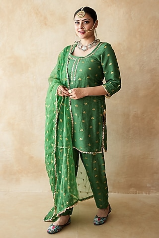 Green Chanderi Handwork Kurta Set by GulaboJaipur by Saloni Panwar