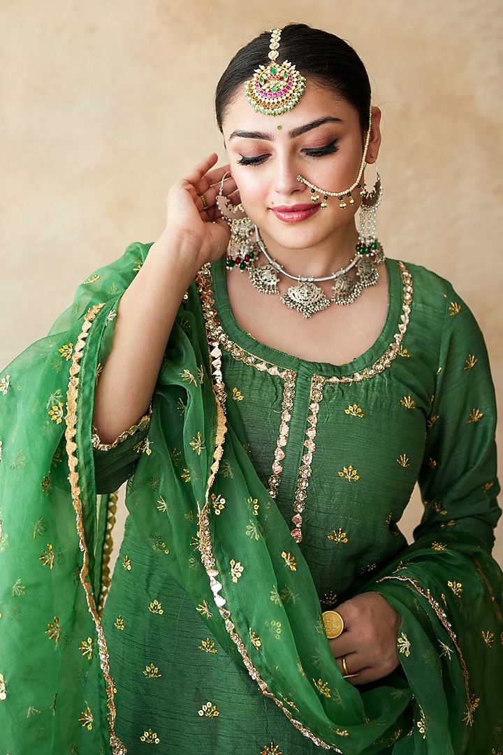 Green Chanderi Handwork Kurta Set by GulaboJaipur by Saloni Panwar at Pernia's Pop Up Shop