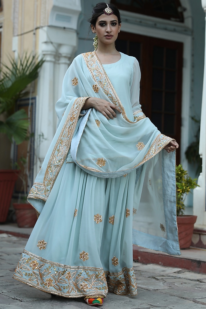 Sky Blue Gota Embroidered Party Wear Sharara Set by GulaboJaipur by Saloni Panwar at Pernia's Pop Up Shop