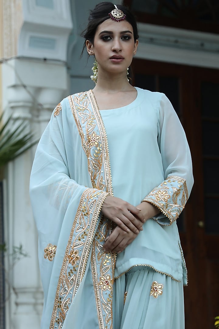 Sky Blue Gota Embroidered Party Wear Sharara Set by GulaboJaipur by Saloni Panwar at Pernia's Pop Up Shop