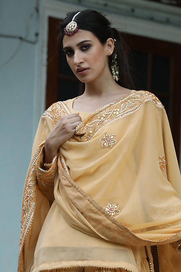 Beige Gota Embroidered Party Wear Sharara Set by GulaboJaipur by Saloni Panwar at Pernia's Pop Up Shop