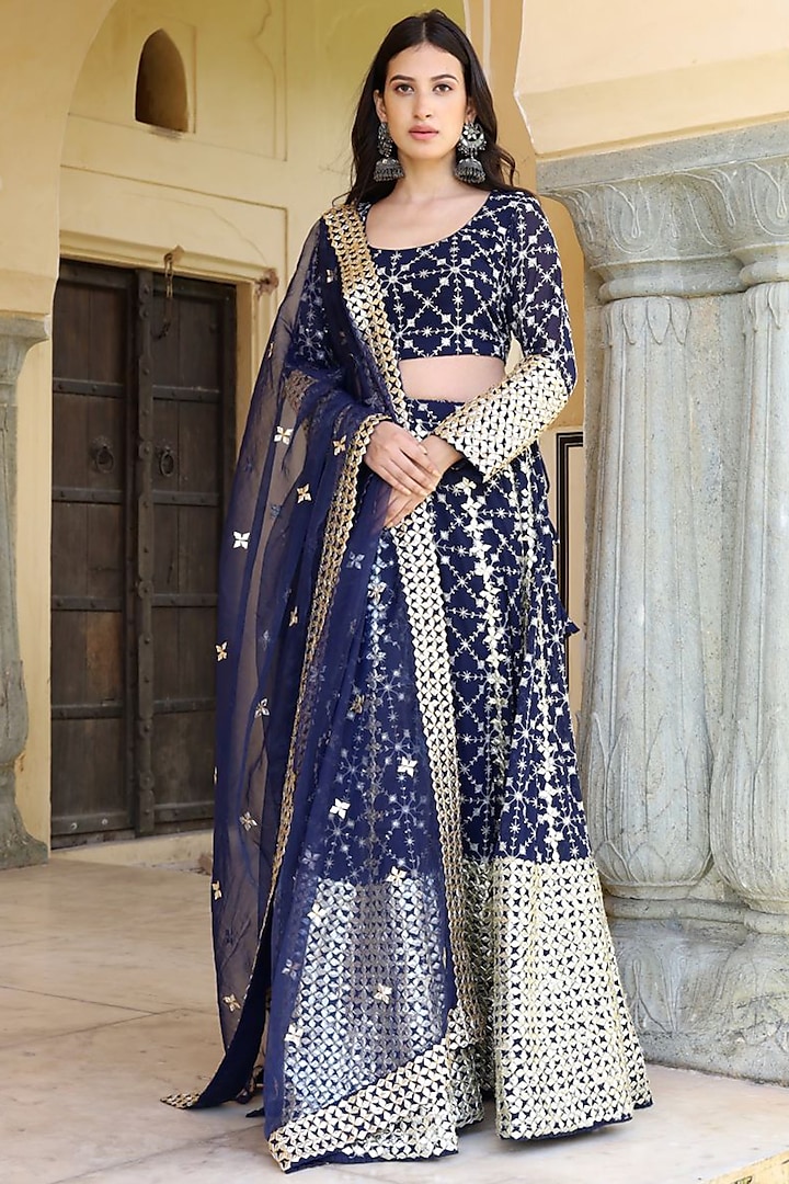 Dark Navy Blue & Ivory Embroidered Wedding Lehenga Set by GulaboJaipur by Saloni Panwar at Pernia's Pop Up Shop