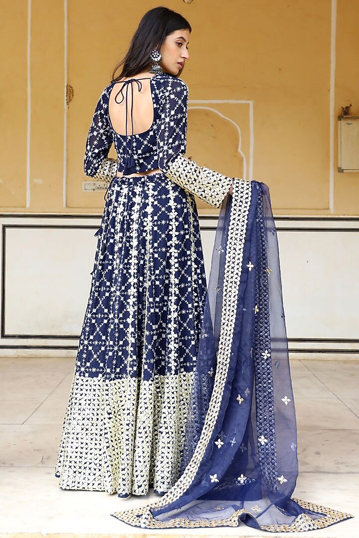 Dark Navy Blue & Ivory Embroidered Wedding Lehenga Set by GulaboJaipur by Saloni Panwar at Pernia's Pop Up Shop