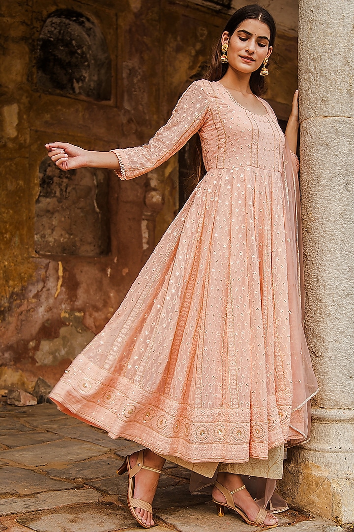 Peach Machine Embroidered Kurta Set by GulaboJaipur by Saloni Panwar at Pernia's Pop Up Shop