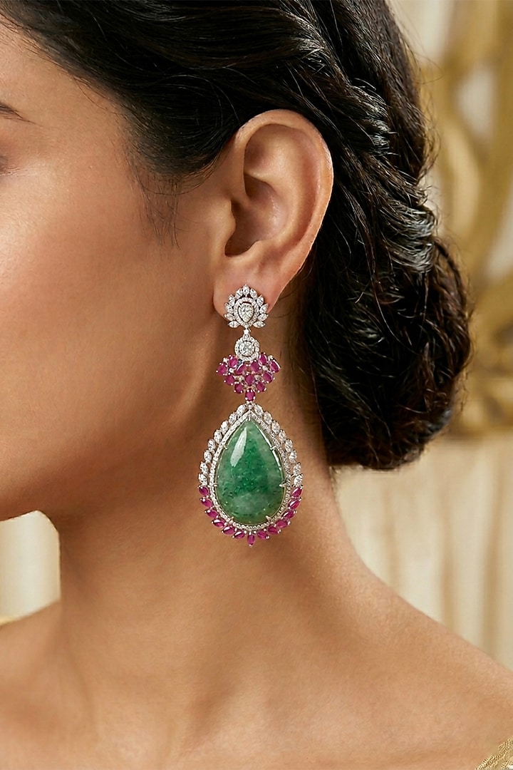14kt Gold FInish Diamond & Emerald Stone Dangler Earrings by GBT Be True at Pernia's Pop Up Shop