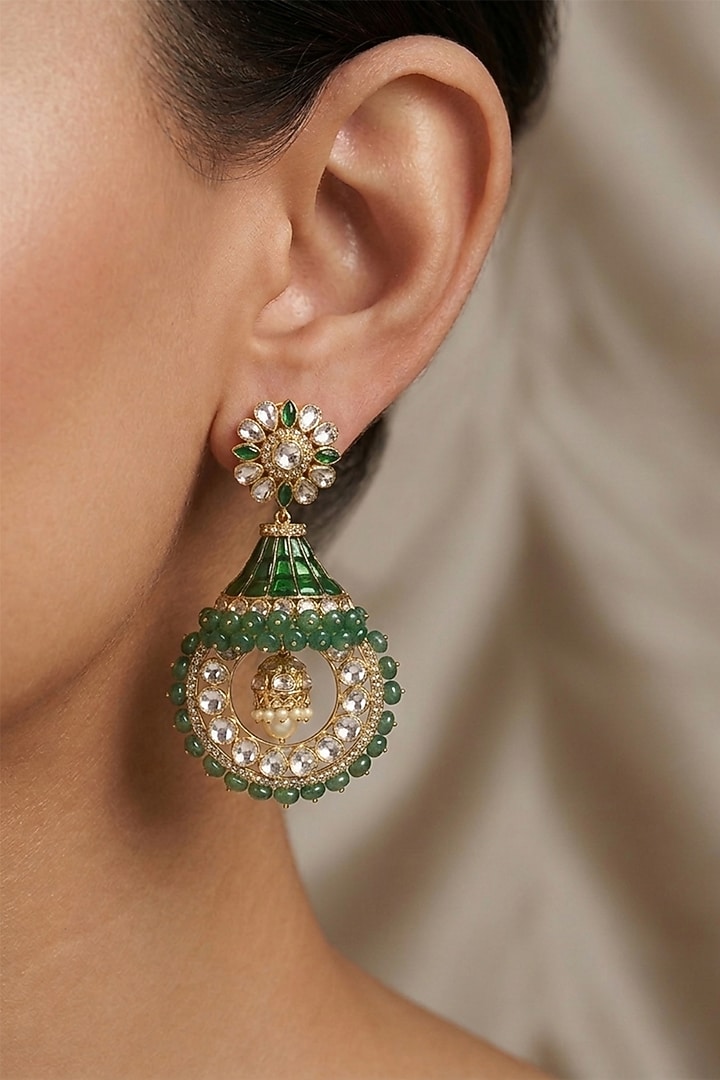 14kt Gold FInish Diamond & Emerald Stone Dangler Earrings by GBT Be True at Pernia's Pop Up Shop