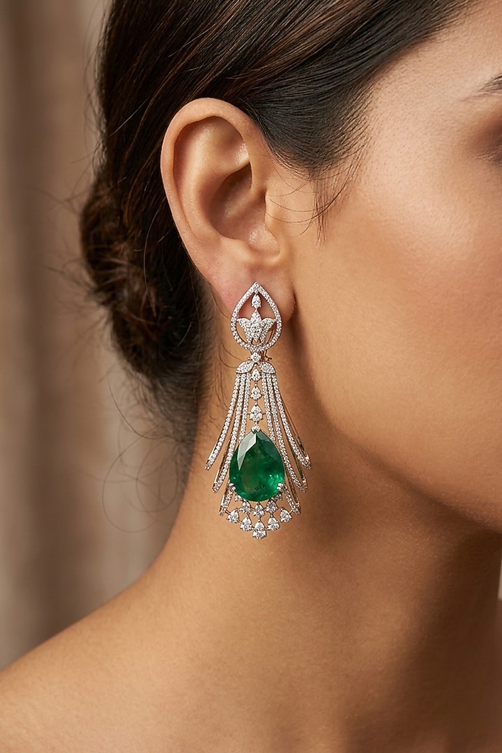 14kt Gold FInish Diamond & Pear-Shaped Emerald Stone Dangler Earrings by GBT Be True at Pernia's Pop Up Shop