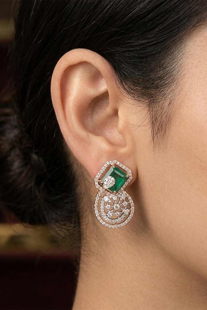 14kt Gold FInish Diamond & Emerald Stone Stud Earrings by GBT Be True at Pernia's Pop Up Shop