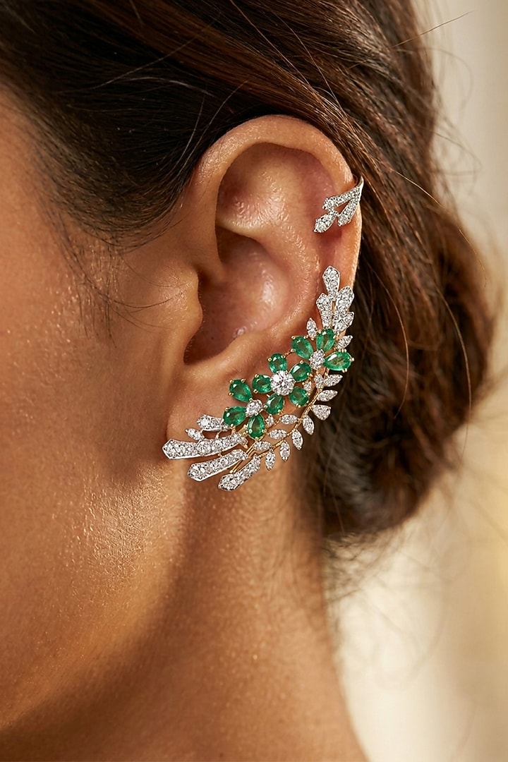 14kt Gold FInish Diamond & Emerald Stone Earcuffs by GBT Be True at Pernia's Pop Up Shop