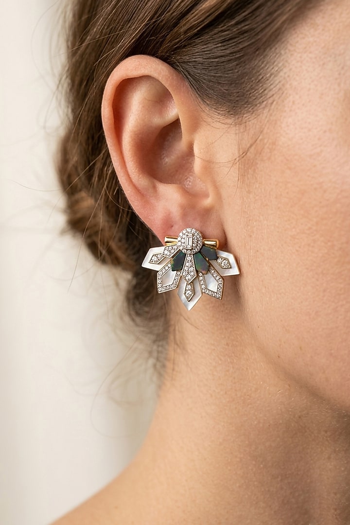 14kt Gold Finish Diamond & Sapphire Stone Floral Shaped Stud Earrings by GBT Be True at Pernia's Pop Up Shop