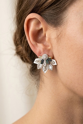 14kt Gold Finish Diamond & Sapphire Stone Floral Shaped Stud Earrings by GBT Be True