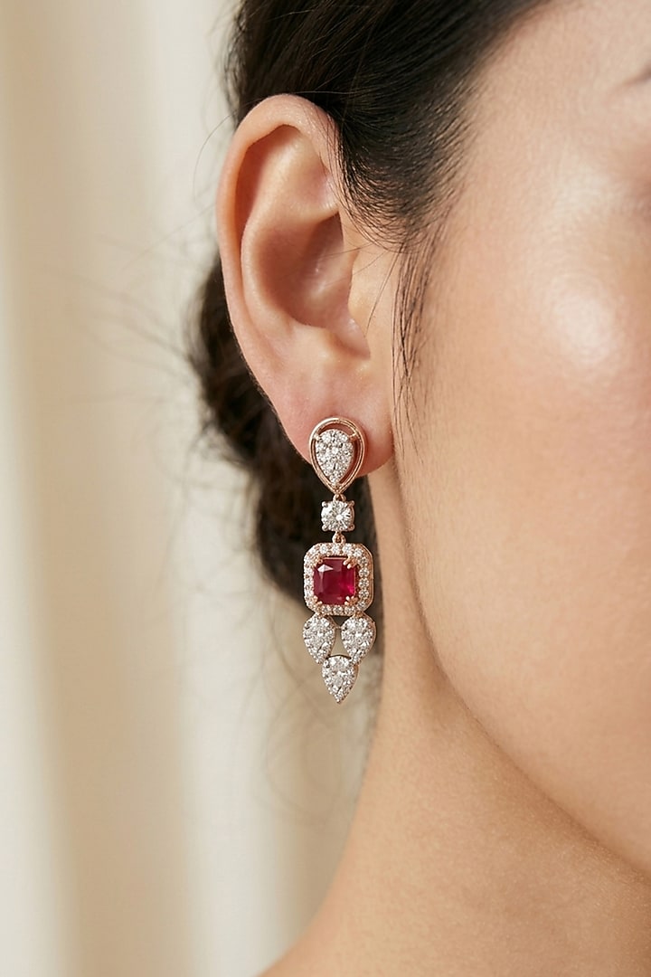 18kt Gold Finish Diamond & Ruby Stone Dangler Earrings by GBT Be True at Pernia's Pop Up Shop