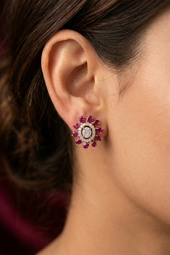 18kt Gold Finish Diamond & Ruby Stone Stud Earrings by GBT Be True at Pernia's Pop Up Shop