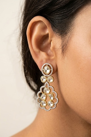 18kt Gold Finish Diamond & Kundan Polki Circular Motifs Chandelier Earrings by GBT Be True