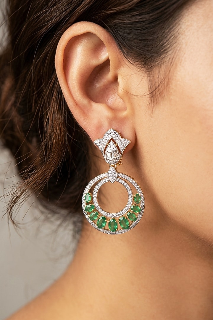18kt Gold Finish Diamond & Emerald Stone Dangler Earrings by GBT Be True at Pernia's Pop Up Shop