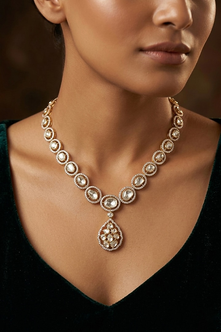 14kt Gold Finish Kundan Polki Teardrop Necklace by GBT Be True at Pernia's Pop Up Shop