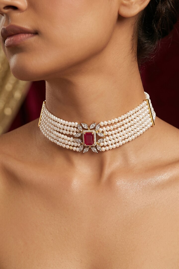 18kt Gold Finish Pearl & Ruby Stone Choker Necklace by GBT Be True at Pernia's Pop Up Shop