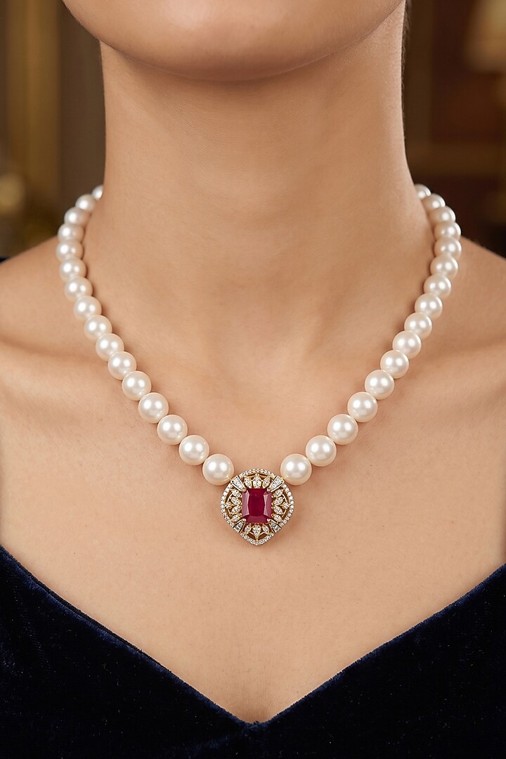 18kt Gold Finish Pearl & Ruby Stone Pendant Necklace by GBT Be True at Pernia's Pop Up Shop