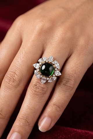 18kt Gold Finish Diamond & Emerald Stone Floral Ring by GBT Be True