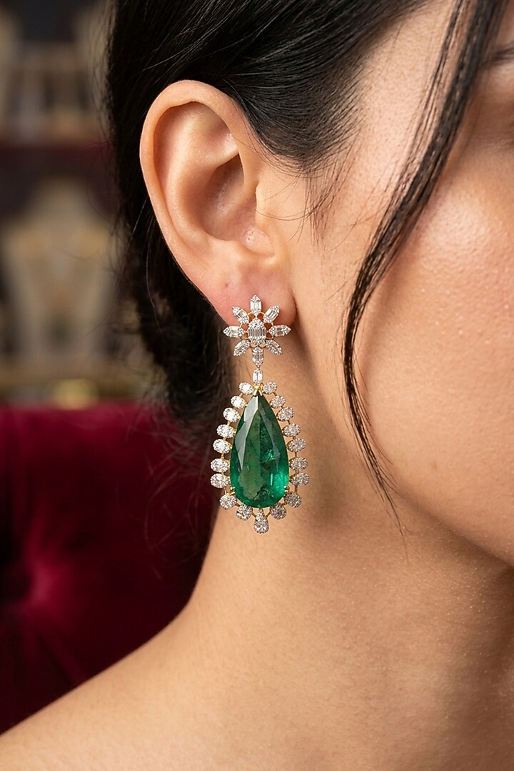 14kt Gold Finish Diamond & Emerald Stone Dangler Earrings by GBT Be True at Pernia's Pop Up Shop