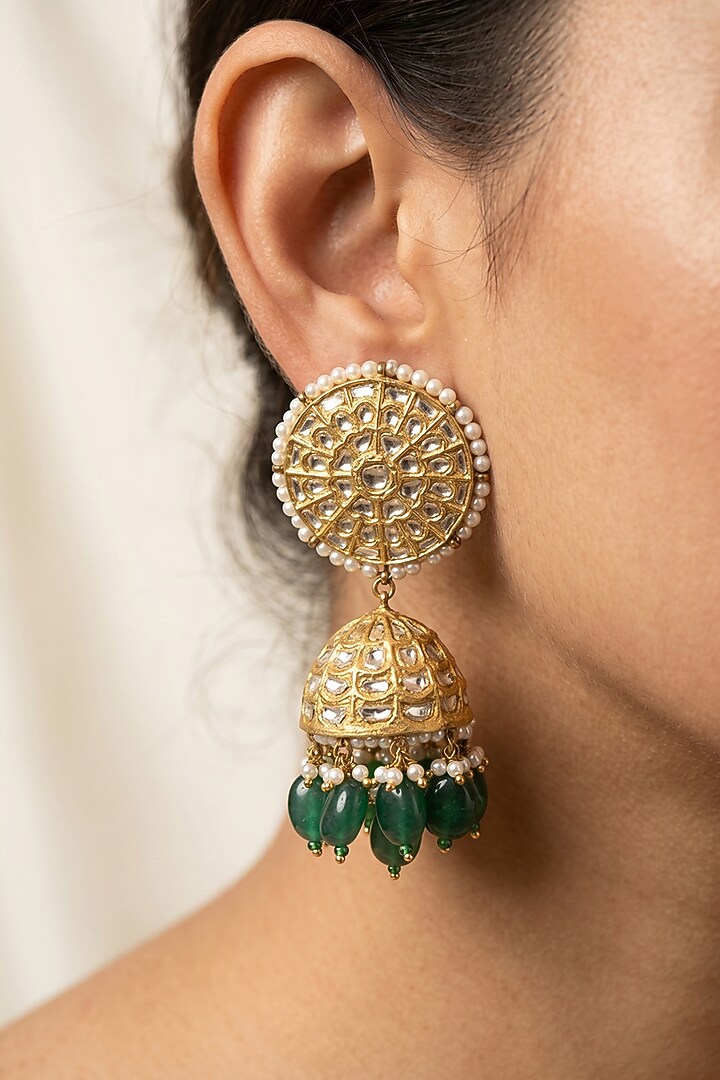 22kt Gold Finish Pearl & Emerald Stone Jhumka Earrings by GBT Be True at Pernia's Pop Up Shop