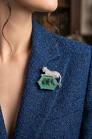 14kt Gold Finish Diamond & Emerald Stone Jaguar Brooch by GBT Be True