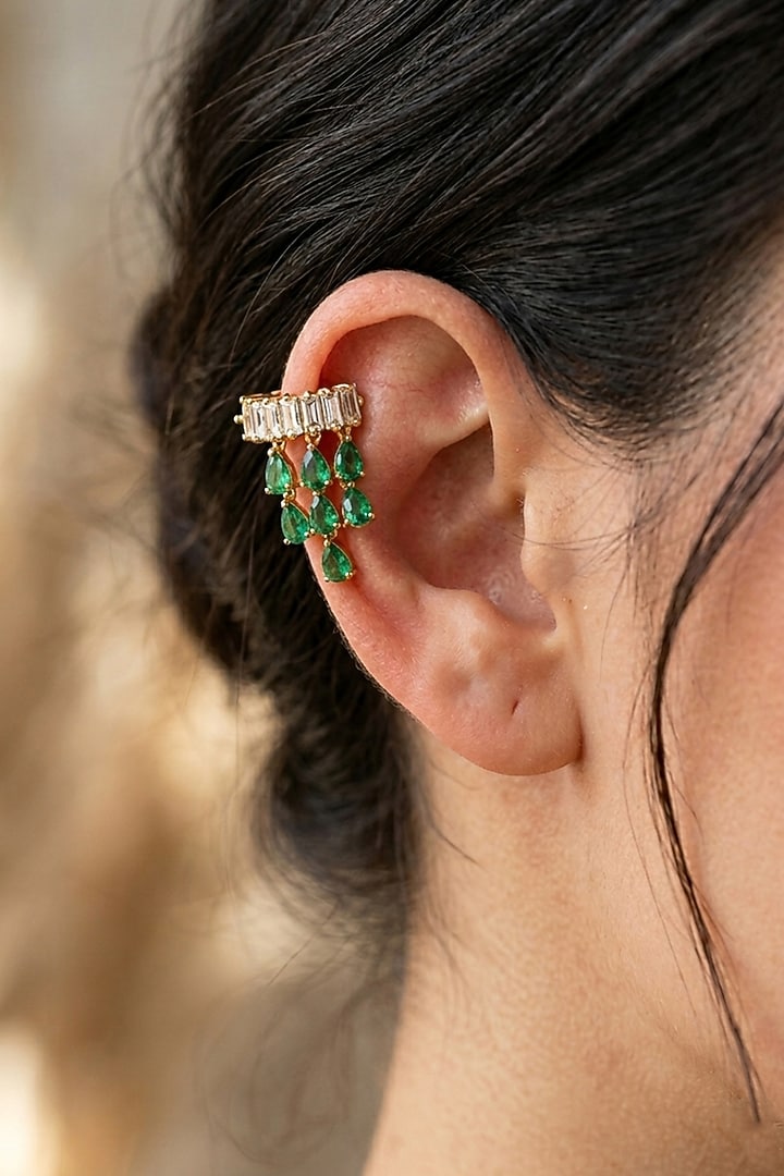 14kt Gold Finish Diamond & Emerald Stone Ear Bugadi by GBT Be True at Pernia's Pop Up Shop