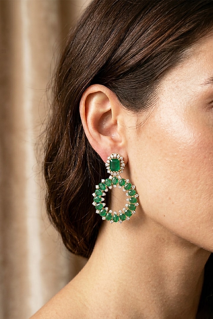 18kt Gold Finish Diamond & Emerald Stone Dangler Earrings by GBT Be True at Pernia's Pop Up Shop