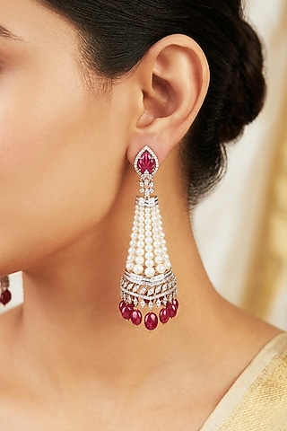 14kt Gold Finish Pearl & Ruby Stone Dangler Earrings by GBT Be True