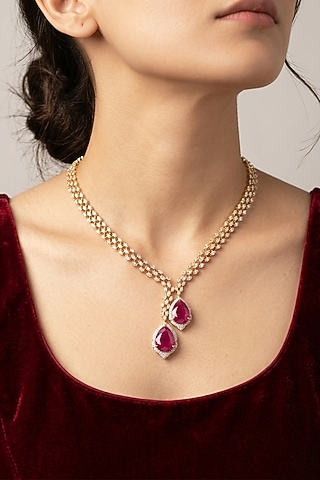 14kt Gold Finish Diamond & Ruby Stone Necklace by GBT Be True