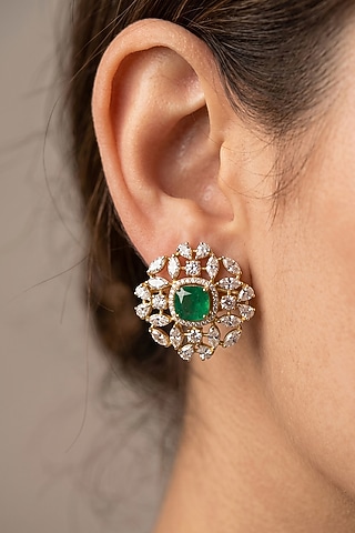 14kt Gold Finish Diamond & Emerald Stone Floral Stud Earrings by GBT Be True