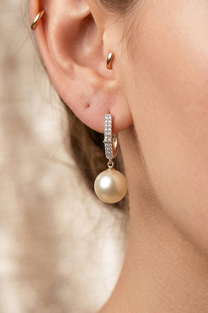 14kt Gold Finish Diamond & Pearl Drop Hoop Earrings by GBT Be True at Pernia's Pop Up Shop