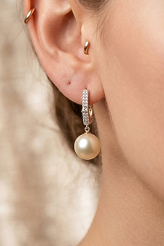14kt Gold Finish Diamond & Pearl Drop Hoop Earrings by GBT Be True