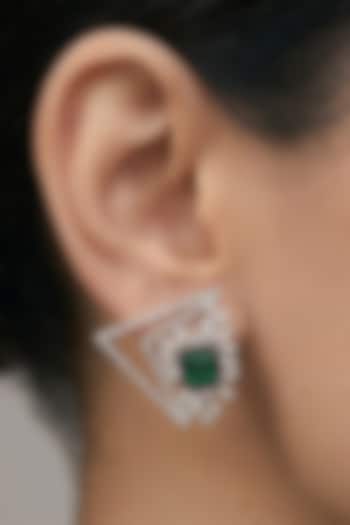 14kt White Finish Diamond & Emerald Green Stone Triangular Earrings by GBT Be True at Pernia's Pop Up Shop