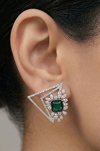 14kt White Finish Diamond & Emerald Green Stone Triangular Earrings by GBT Be True
