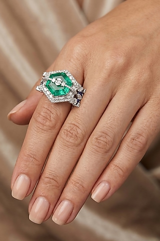 14kt White Finish Emerald Green Stone & Diamond Ring by GBT Be True