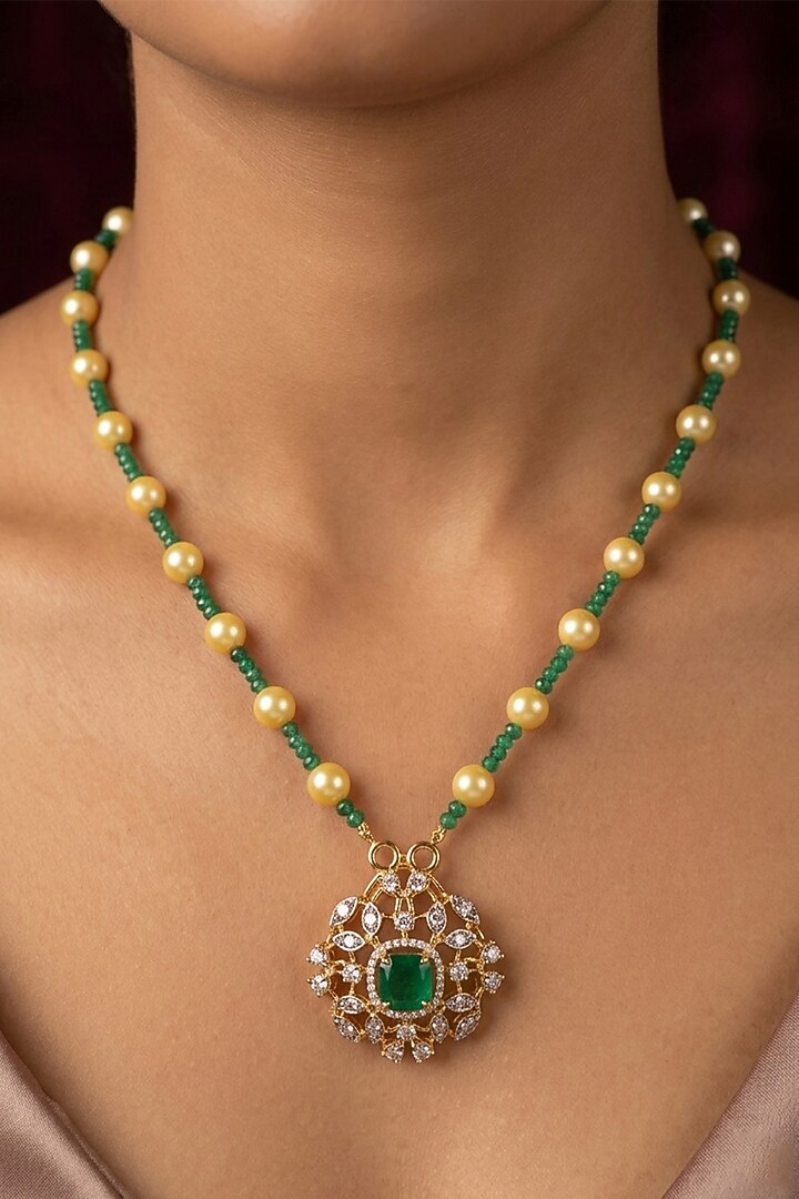 14kt Gold Finish Pearl & Emerald Stone Pendant Necklace by GBT Be True at Pernia's Pop Up Shop