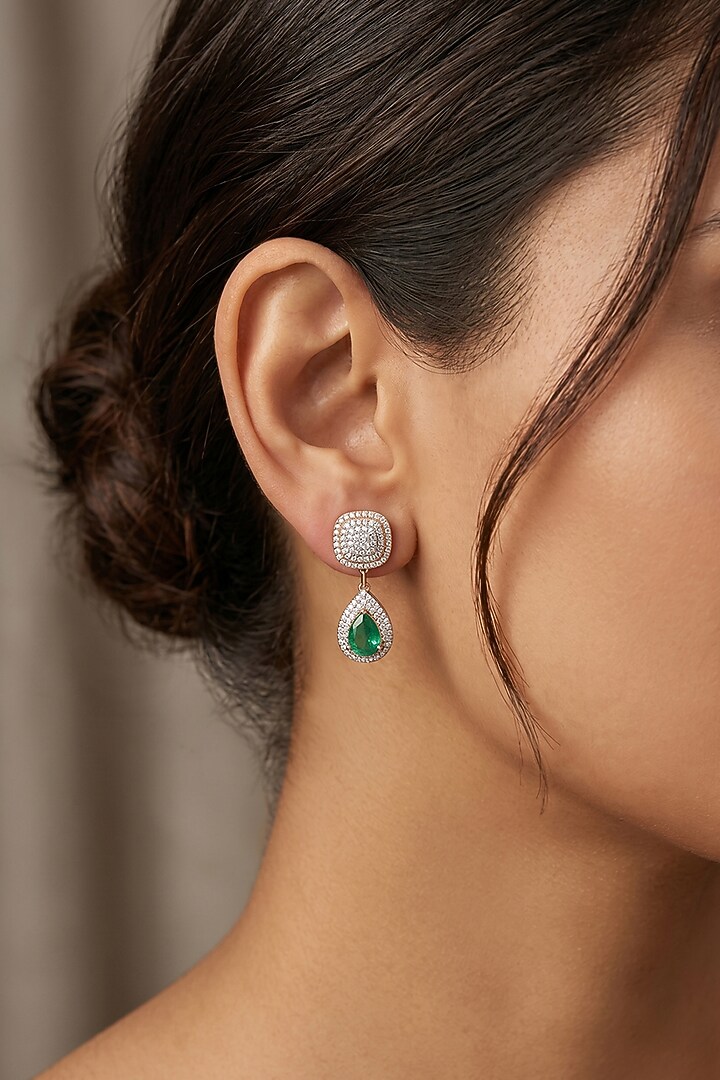 14kt Gold Finish Diamond & Emerald Stone Dangler Earrings by GBT Be True at Pernia's Pop Up Shop