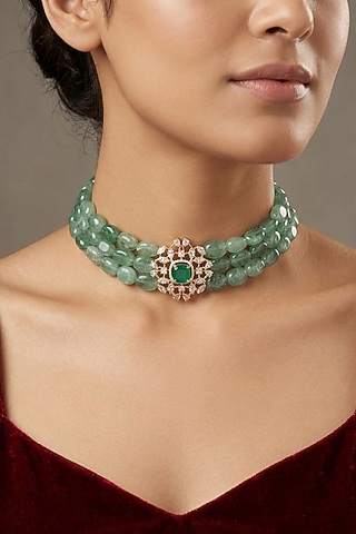 14kt Gold Finish Emerald Stone & Diamond Choker Necklace by GBT Be True