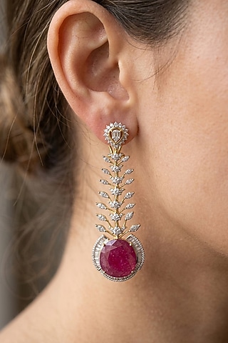 14kt White Finish Ruby Stone & Diamond Dangler Earrings by GBT Be True