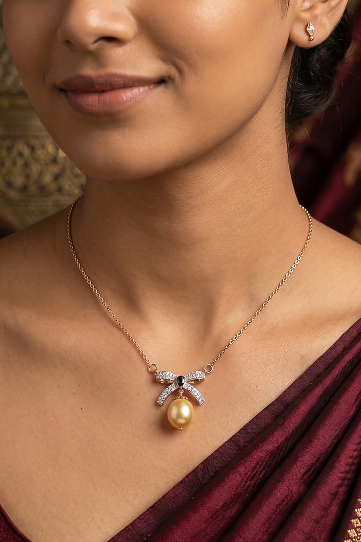 14kt Gold Finish Diamond & Pearl Drop Pendant Necklace by GBT Be True at Pernia's Pop Up Shop