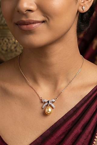14kt Gold Finish Diamond & Pearl Drop Pendant Necklace by GBT Be True