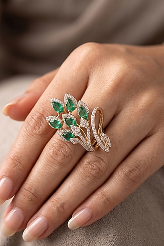 14kt Gold Finish Emerald Green Stone & Diamond Ring by GBT Be True