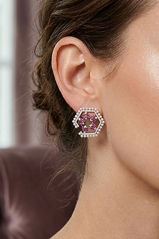 14kt Gold Finis Pink Stone & Diamond Stud Earrings by GBT Be True