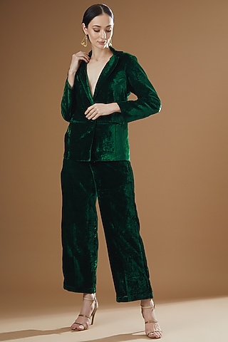 Green Velvet Blazer Set by GulaboJaipur by Saloni Panwar