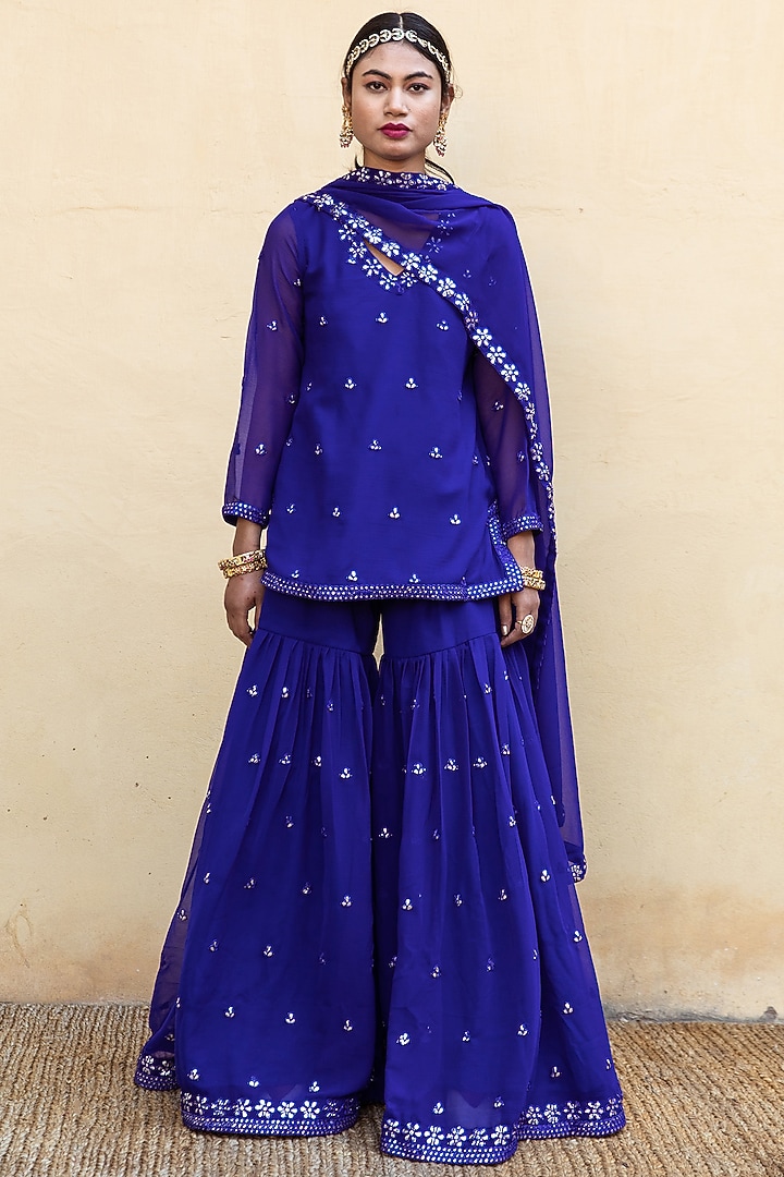 Cobalt Blue Embroidered Sharara Set by GulaboJaipur by Saloni Panwar at Pernia's Pop Up Shop