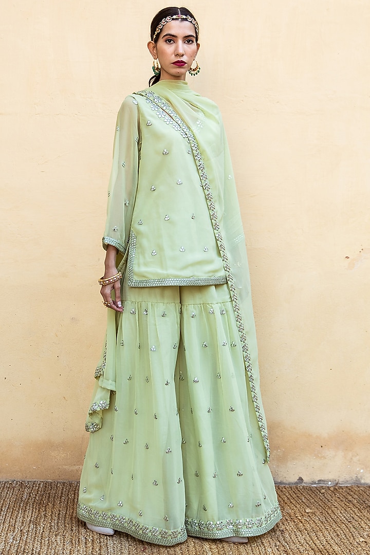 Pista Green Embroidered Sharara Set by GulaboJaipur by Saloni Panwar at Pernia's Pop Up Shop