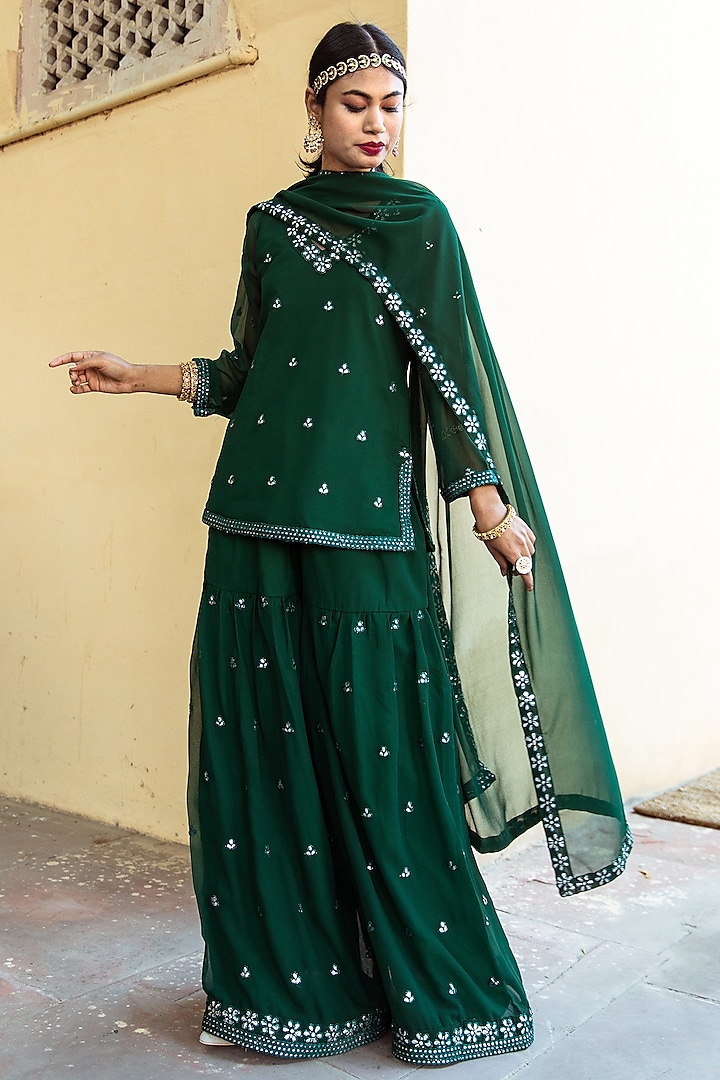 Dark Green Embroidered Sharara Set by GulaboJaipur by Saloni Panwar